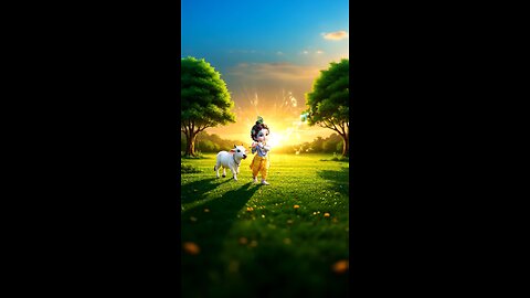 Krishna walking with little cow