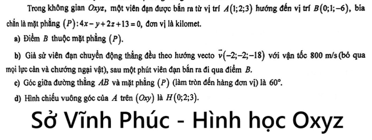 Sở Vĩnh Phúc (Lần 2): Trong không gian Oxyz, một viên đạn được bắn ra từ vị trí A(1;2;3) hướng đến