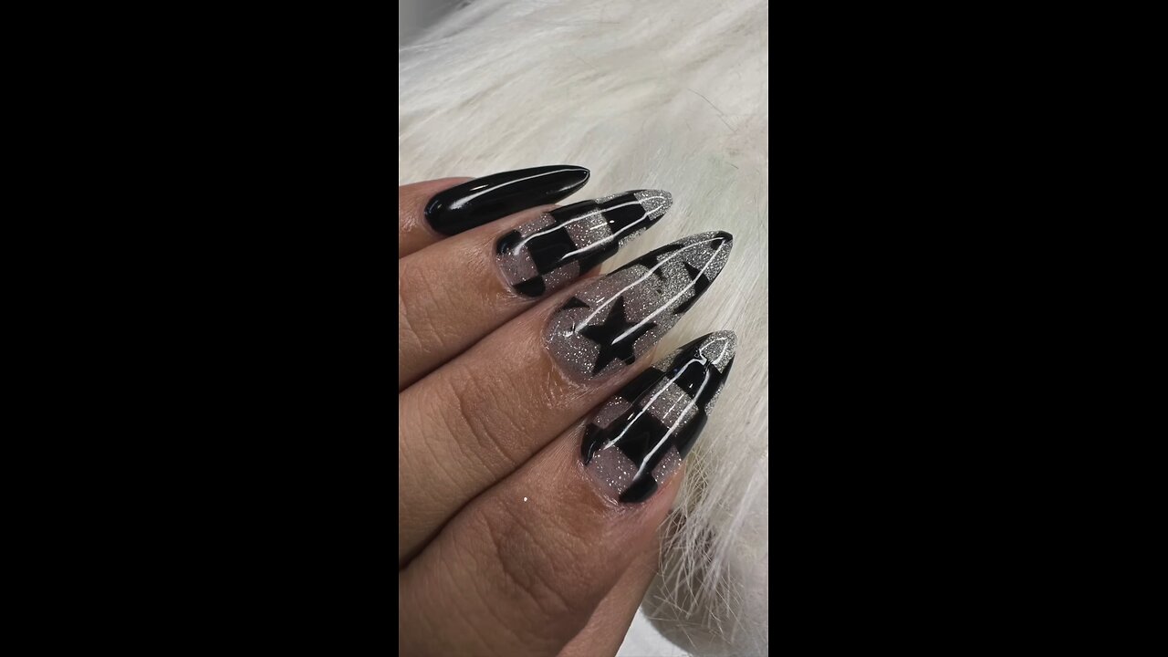 White Crystal Nails with Black Star & Square Box Design | Unique Nail Art 2025