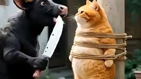 Cat and cow fighting funny video!
