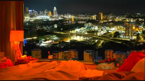 Jazz Ambience over looking the city by night with lightning and traffic