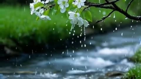 Cherry Blossoms in Full Bloom: Serene White Petals & Tranquil Stream