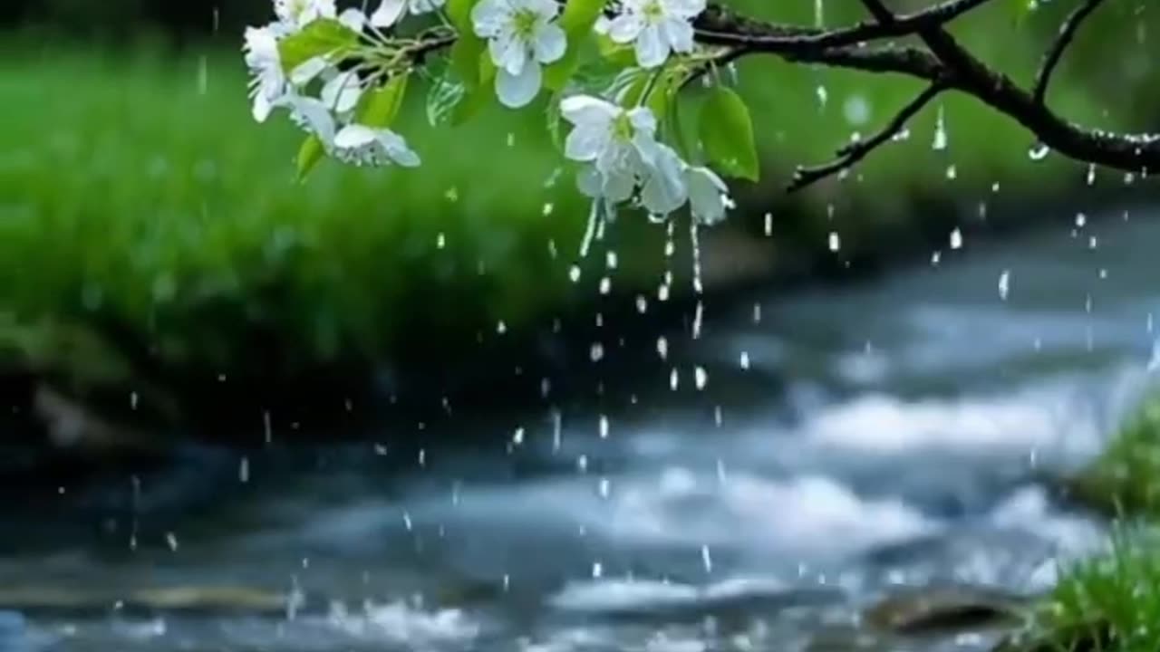 Cherry Blossoms in Full Bloom: Serene White Petals & Tranquil Stream