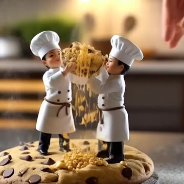 Miniature people of chefs holding a cookie