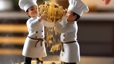 Miniature people of chefs holding a cookie