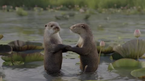 Whimsical Otters Waltz on a Magical Lily Pad Pond