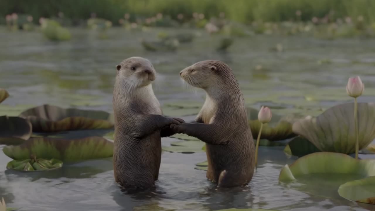 Whimsical Otters Waltz on a Magical Lily Pad Pond