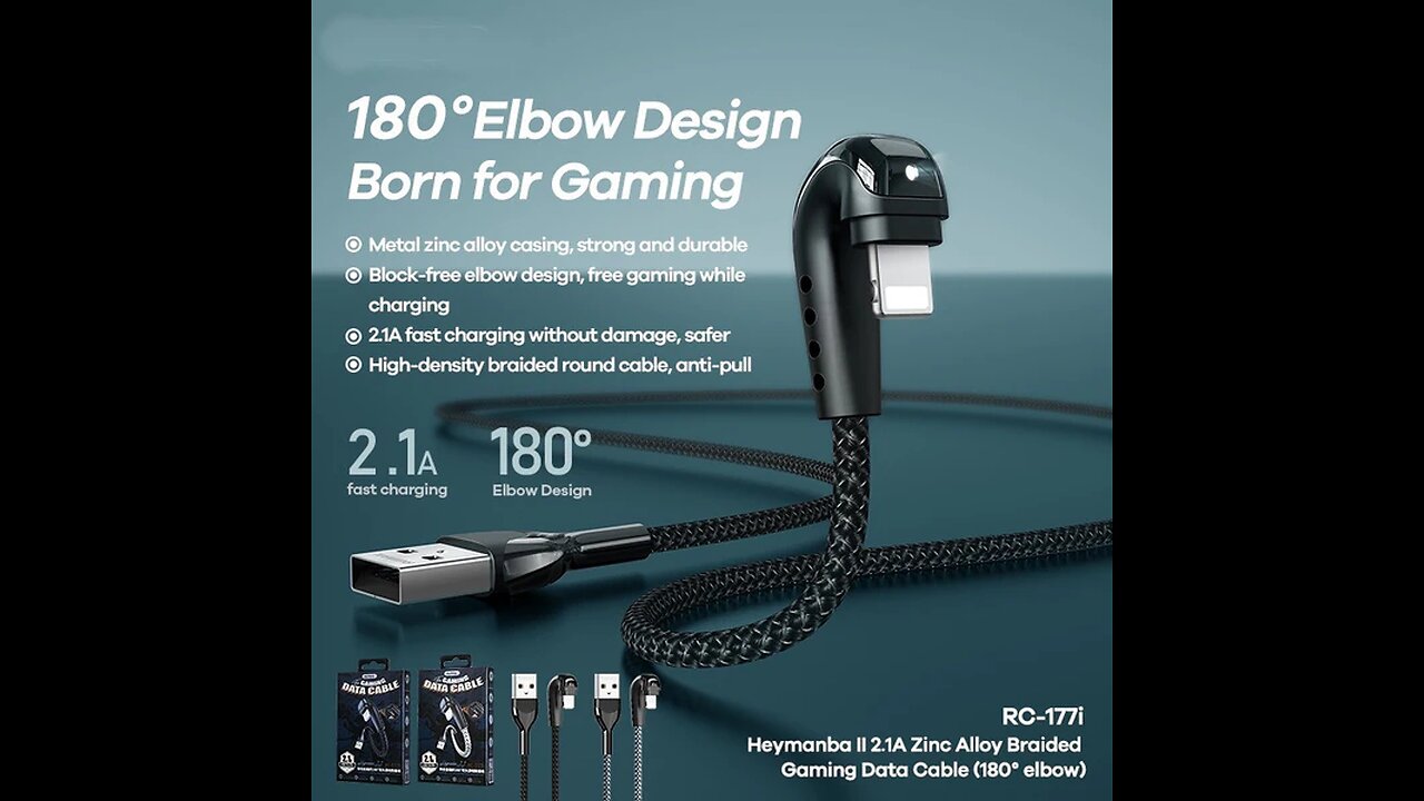 180 Degree 1m Long Angled Phone Charging Cable, with 2.1A Charging, Durable Shell & Braided Cord