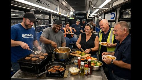 Bus Kitchen feast with colleagues