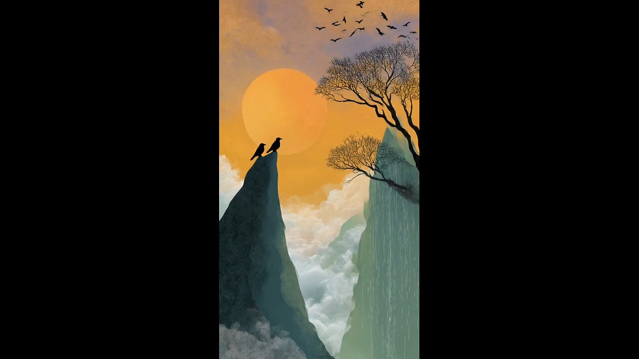enjoy two mountains talking about nature with each other and birds sitting on the tree with sunrise