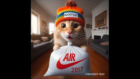 An orange cat smells a bag of air from 2017