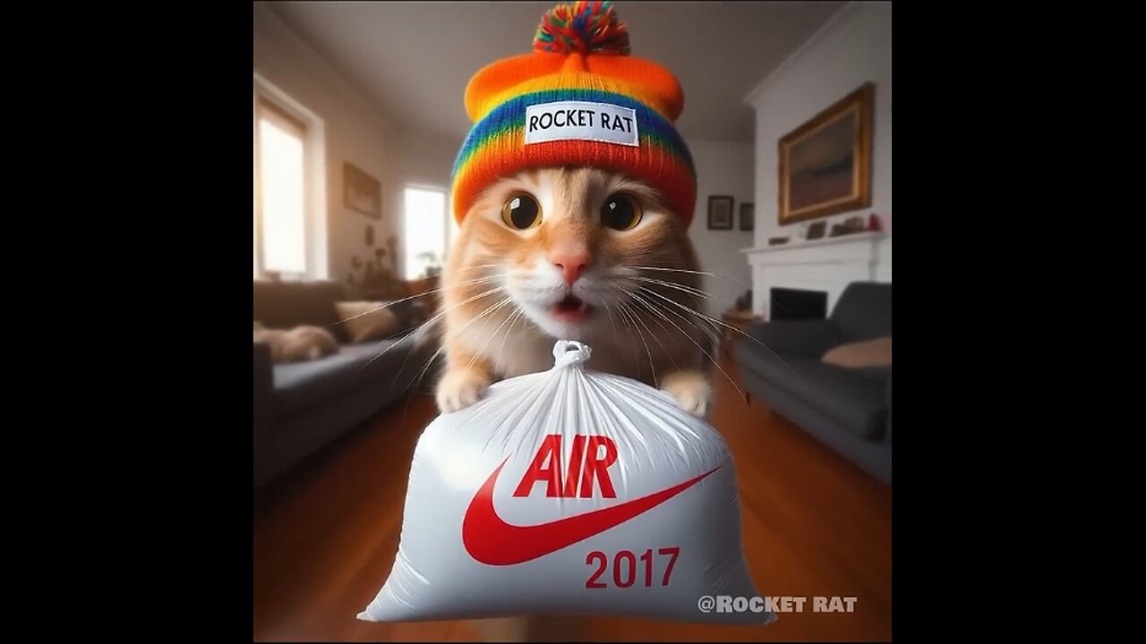An orange cat smells a bag of air from 2017