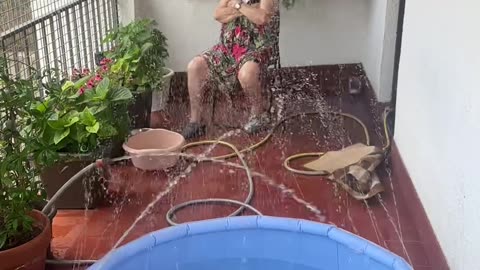 Cute Pool Fountain Turns on Grandma