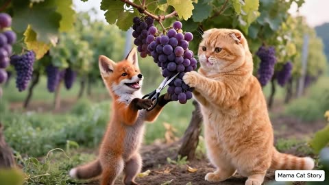 Grapes Gone Missing! 🍇 Ginger Kitten _ Mama Cat Discover a Fox in Need 🦊❤️..