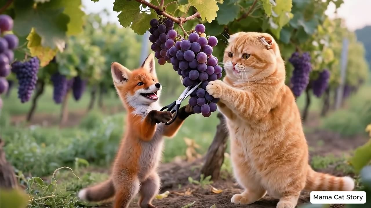 Grapes Gone Missing! 🍇 Ginger Kitten _ Mama Cat Discover a Fox in Need 🦊❤️..