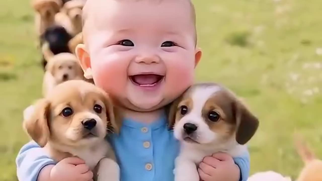 child and puppies