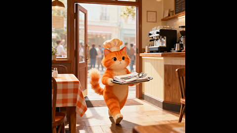 Orange Cat Goes to work in a restaurant