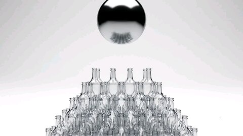 A metal ball was thrown into a pile of glass bottles.