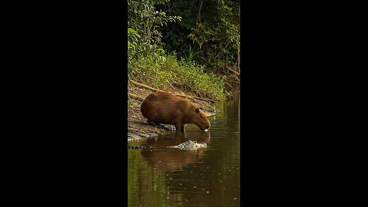 Capybara Surprises Caiman with Unexpected Defense #wildlife #capybara #caiman