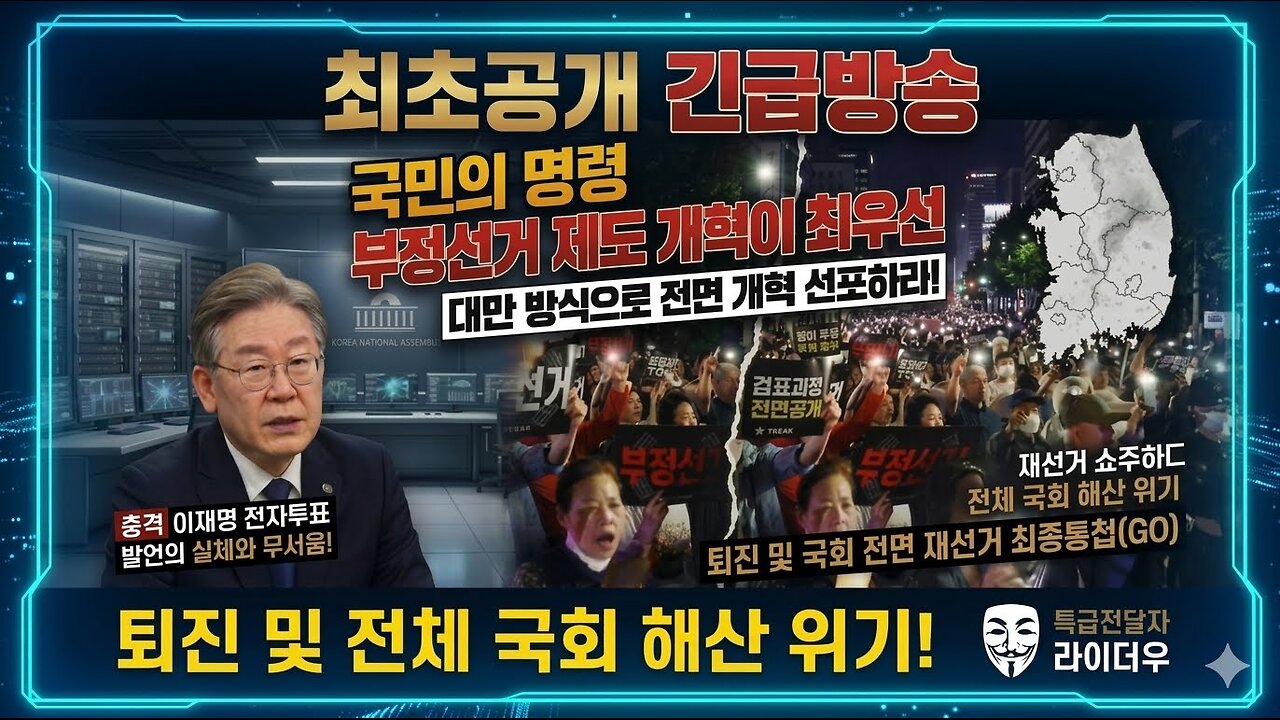 최초공개 긴급방송 대한민국도 포함! 국민의 명령 부정선거 제도 개혁이 최우선! 대만 방식으로 전면 개혁 선포하라! 재선거 쇼하다 퇴진 및 전체 국회 해산 위기 초래한다!