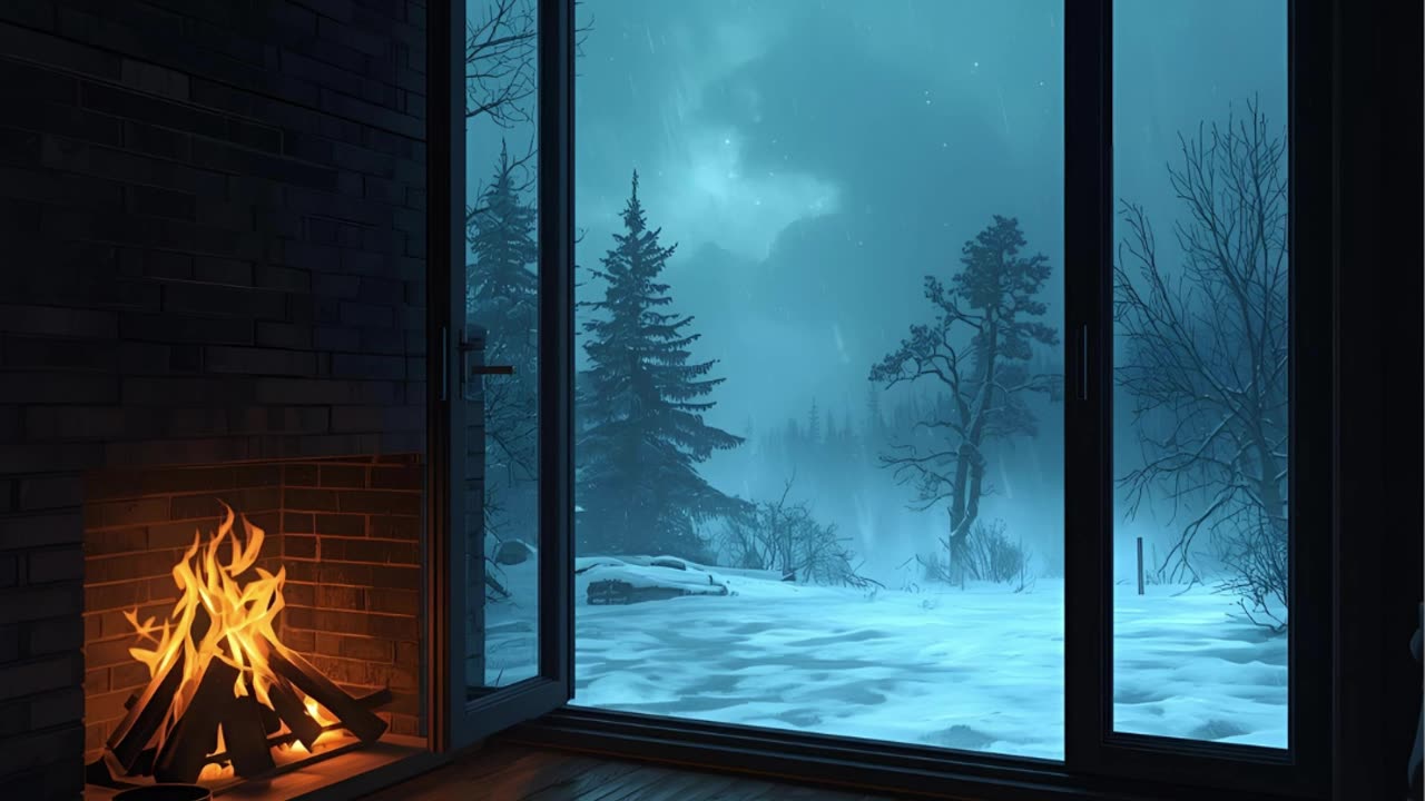Cozy Fireplace with Snowfall View ❄️ Relaxing Music for Winter Nights