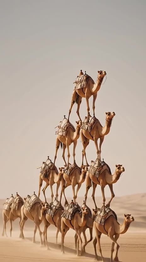 A surreal, cinematic wide shot of a vast desert with rolling golden sand dunes under a clear sky
