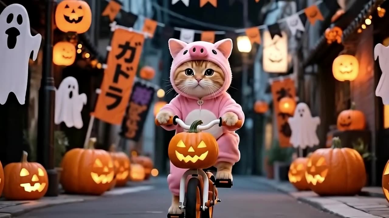 Kitten and a little ghost make donuts while mama cat is away