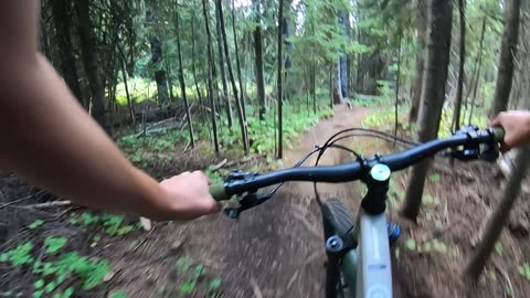 Jace Walushka manoeuvres a tight single track at Silver Star Vernon BC.
