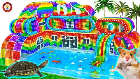 Build swimming pool on luxury mansion with water slide from magnetic balls!