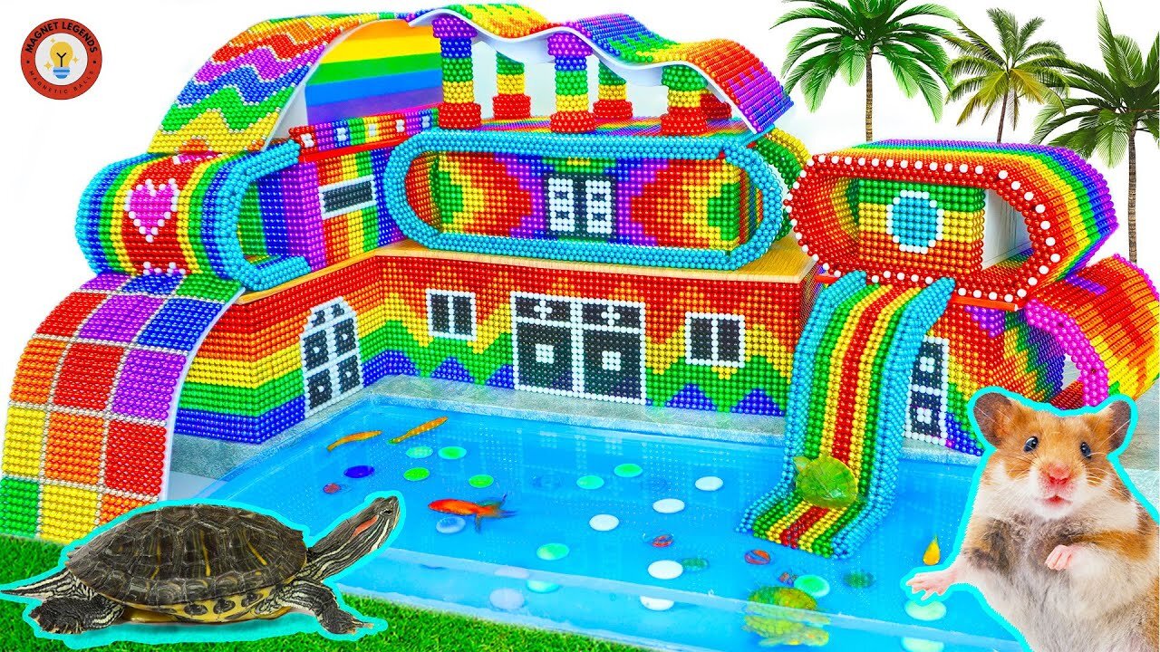 Build swimming pool on luxury mansion with water slide from magnetic balls!