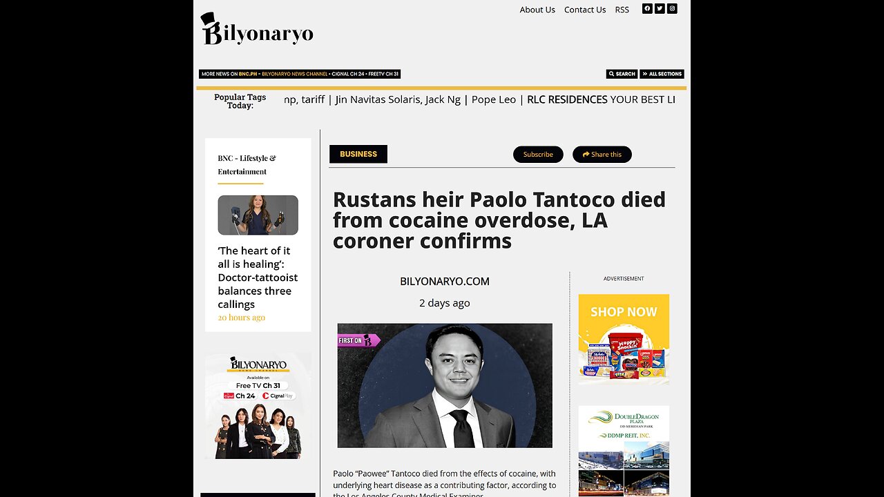 Paolo Tantoco confirmed to have Died due to Cocaine Overdose, was with the First Lady Liza Marcos