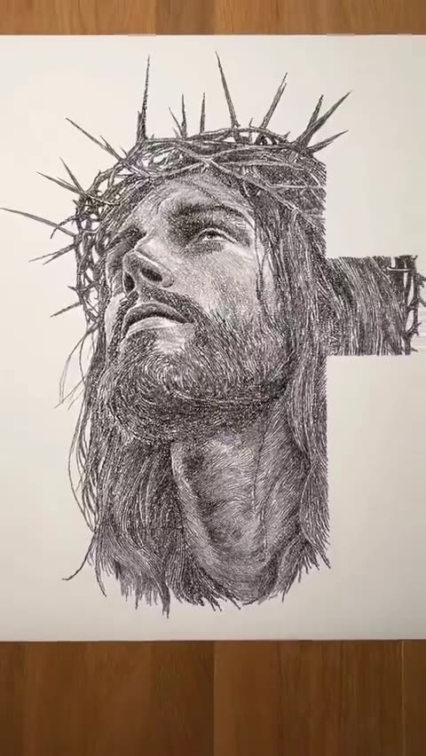 This drawing was made by writing "Jesus" over 14,983 times