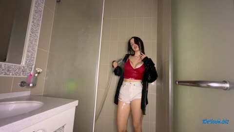 Shower Wetlook • Red Top & White Shorts • Soaked Outfit in the Bathroom
