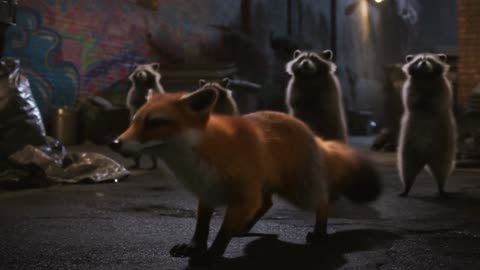 Urban Groove Showdown: Fox and Raccoons Breakdance in the City Alley!