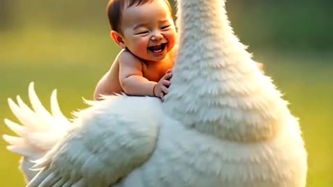 A duck playing with a child