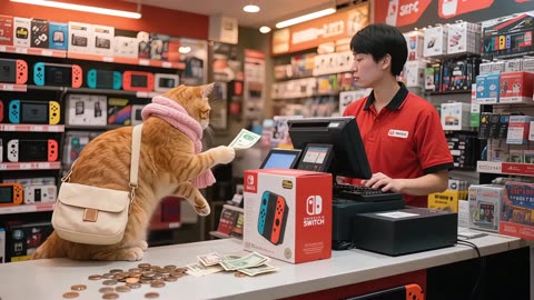 Tiger-Hat Kitten Drops Switch in Bath, Doing Chores for New One