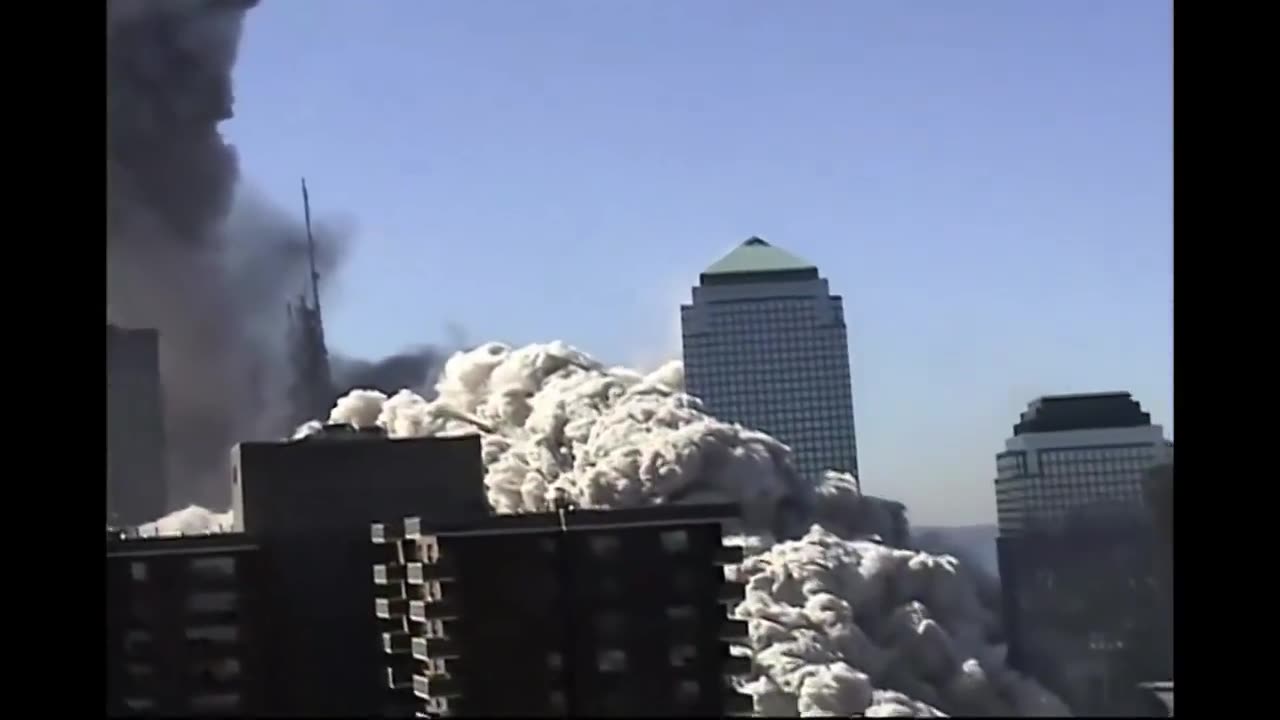 Multiple angles of the North Tower disintegration and the "spire".