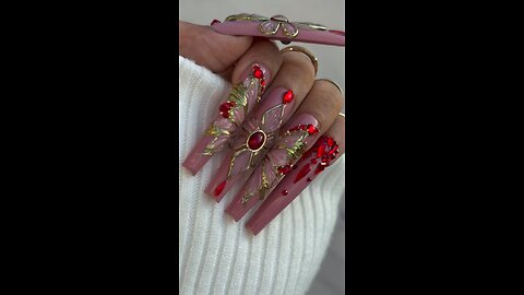 Long Square Nails with Big Flower Art & Stone | Elegant Floral Design