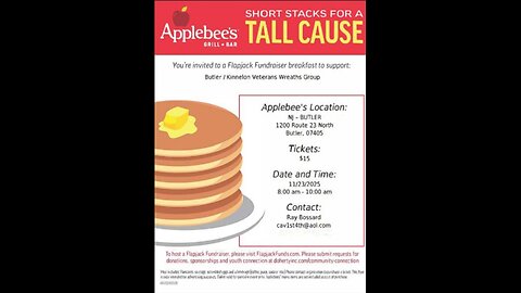 PANCAKE BREAKFAST - Applebee's Butler 1200 State Rt 23N, Butler, NJ 07405 8-10 AM ET 11/23/25