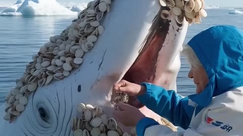 Old woman helped a white whale, removing clams from the whale's body!!