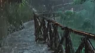 Misty Rainy Forest Path with Lantern-Lit, Rustic Stone Walkway, Wooden Railings, greenery.