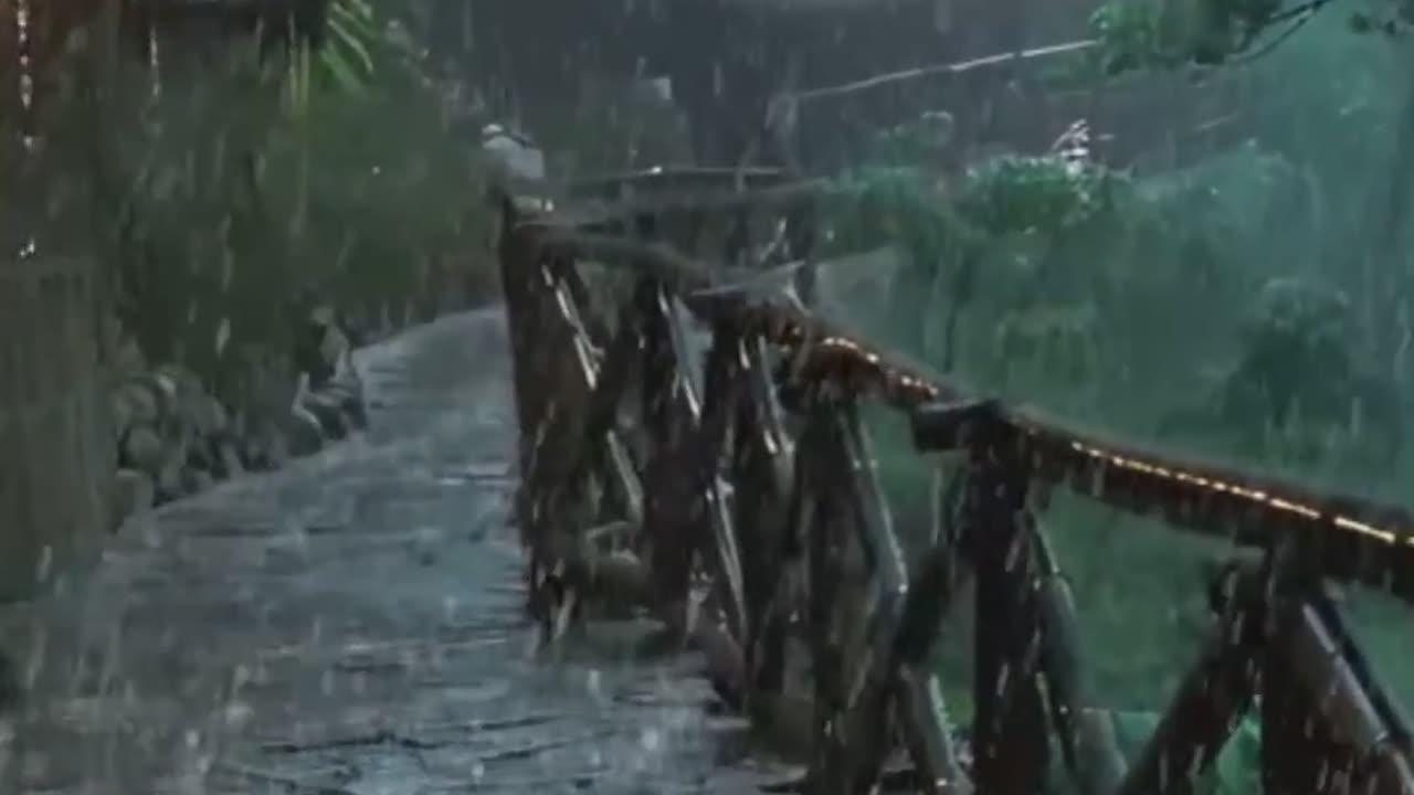 Misty Rainy Forest Path with Lantern-Lit, Rustic Stone Walkway, Wooden Railings, greenery.
