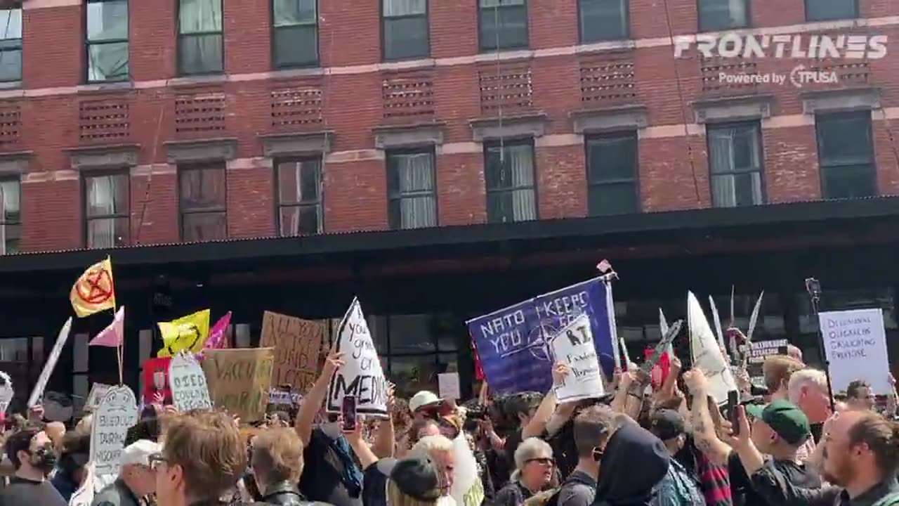 Tesla showroom in New York which is being completely surrounded by anti-Elon Musk protesters