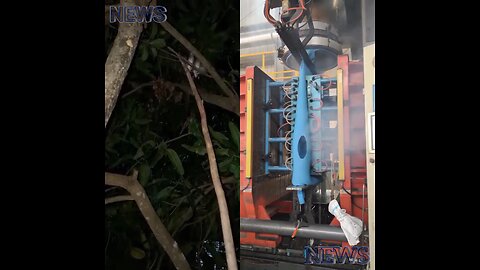 One person catches birds at night. On the other side, plastic products are being made with a machine
