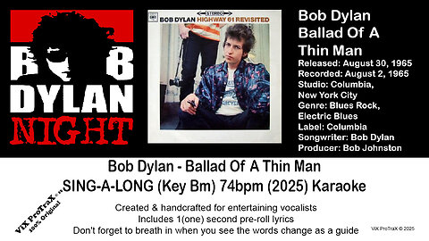 Bob Dylan - Ballad Of A Thin Man SING-A-LONG (Key Bm) 74bpm (2025) Karaoke
