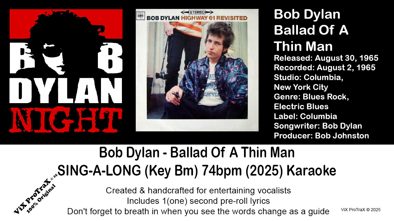 Bob Dylan - Ballad Of A Thin Man SING-A-LONG (Key Bm) 74bpm (2025) Karaoke