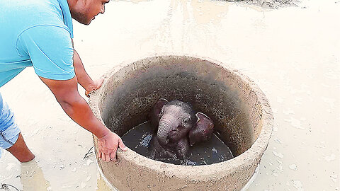 Brave man saves drowning baby elephant from pit and reunites it with mother