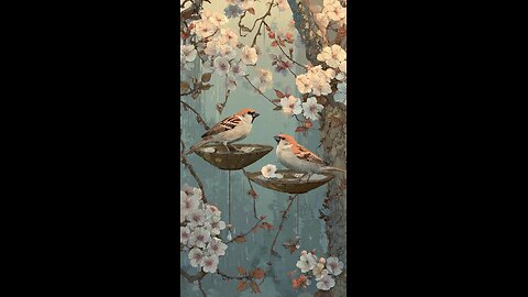 enjoy two trays and two sparrows sitting on the tree with sunrise and rain.