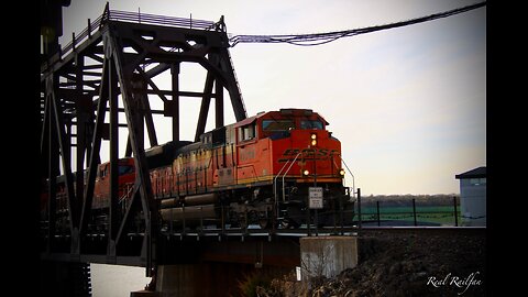 BNSF 8566 Over Railroad Bridge, Mexico and HERZOG Rock Train - St. Croix Subdivision