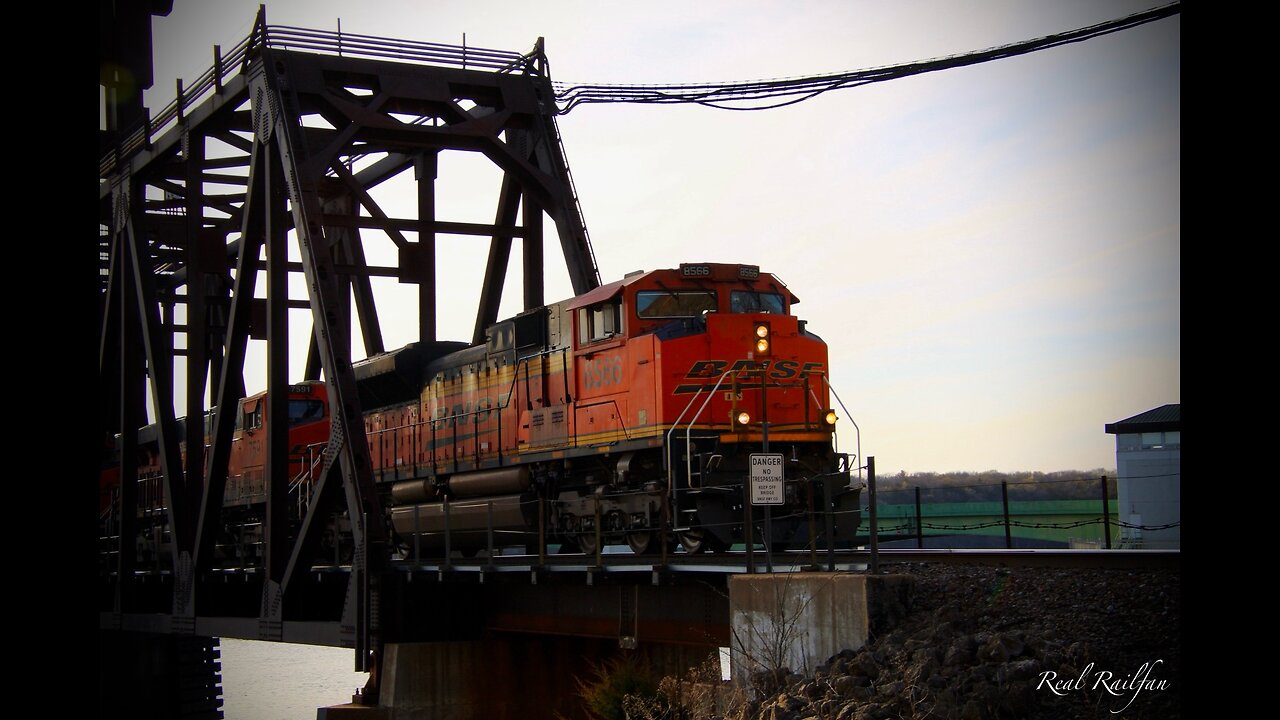 BNSF 8566 Over Railroad Bridge, Mexico and HERZOG Rock Train - St. Croix Subdivision